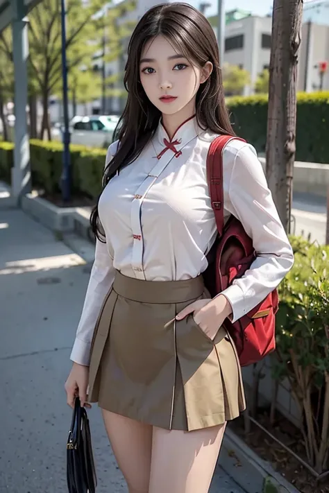 2 persons ((1 male and 1 female)); Photorealistic, High resolution; 1 Girl và 1 chàng trai; ((Girl: Blonde, Koreans, 18 years old, Brown eyes, wearing a Chinese high school uniform, pretty, cute, cao 1m60, ngực to, short skirt to 1/2 thighs ((super detaile...