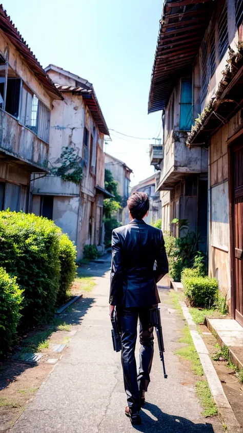 Back view of a cool spy holding a gun、Abandoned Building、Look back and watch your back