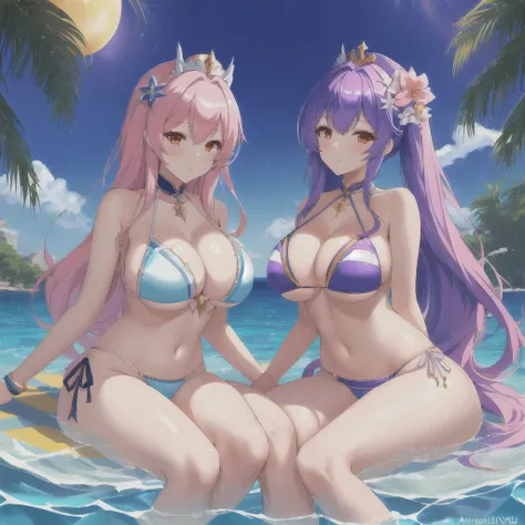 two sexy anime girls in bikinis sitting in the water, wlop and sakimichan, anime goddess, two beautiful anime girls, characters from azur lane, from the azur lane videogame, venus godness athena, pixiv 3dcg, top rated on pixiv, nixeu and sakimichan, queen ...