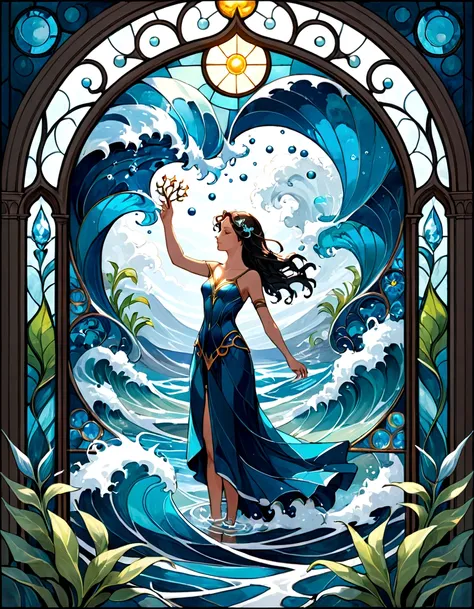 Create a series of images for the element water inspired by the aesthetics of a detailed stained glass art with defined lines and vivid colors that mimic and remind us of a bygone fantasy era. The element of water with details and embellishments inspired b...