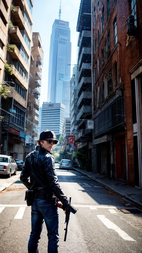 A cool spy with a gun, abandoned building, looking back and being vigilant