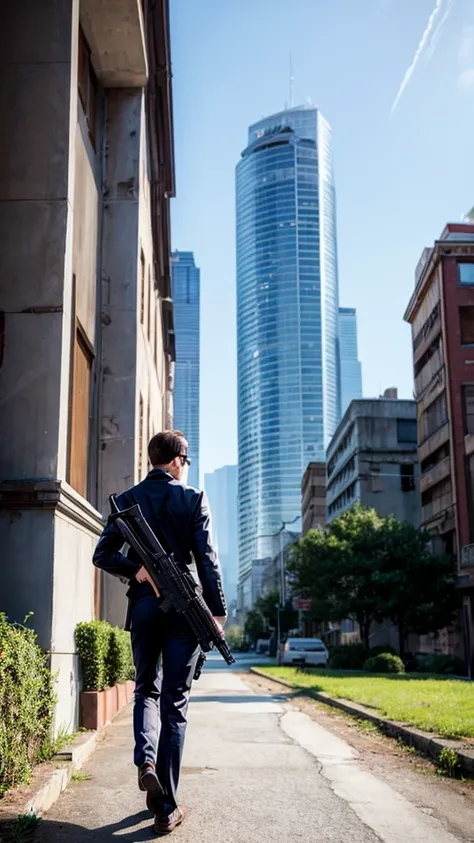 A cool spy with a gun, abandoned building, looking back and being vigilant