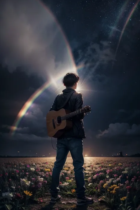 brilliant musician standing out among the people, rainbows and stars fall from the sky