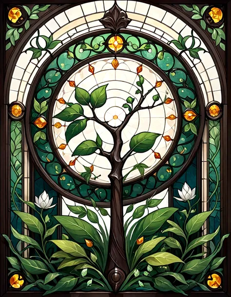 Create a series of images for the element earth inspired by the aesthetics of a detailed stained glass art with defined lines and vivid colors that mimic and remind us of a bygone fantasy era. The element of earth has dark greens, browns, ochers and green ...