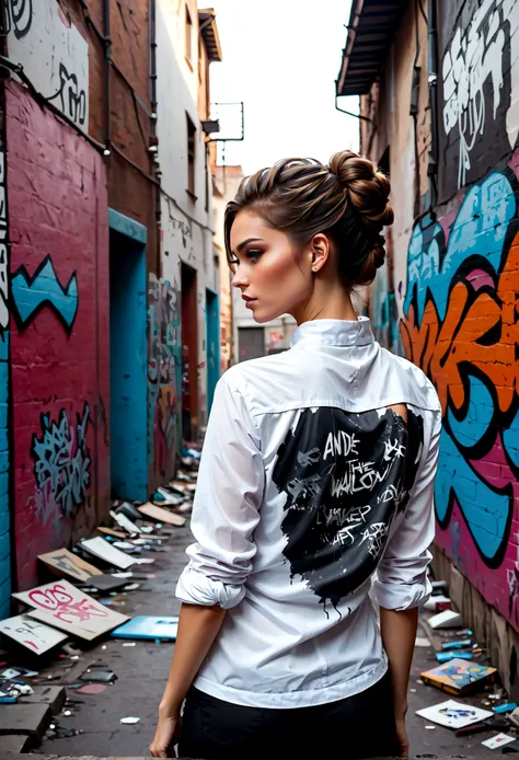 photo, (torn, ripped, White shirt), street, (22 year old girl), (Back View),(Elegant chignon),(apocalyptic wasteland), (Leaning against a graffiti-covered wall, looking cool and urban in a street style pose.)