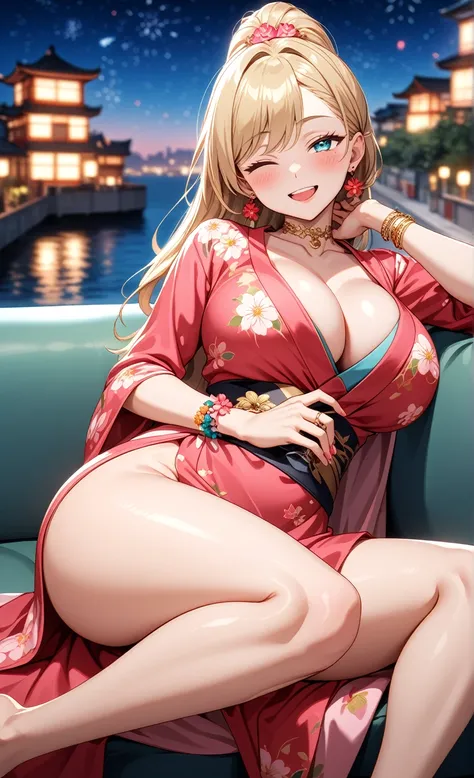 ((one personの女性)), Beautiful Face, Laughing embarrassedly,((Wink:2.5)),((a woman in a sexy pose. She is lying on a sofa, supporting her head with one hand while the other hand is sensually running along her body. Her expression is seductive:1.3)),Laughing ...