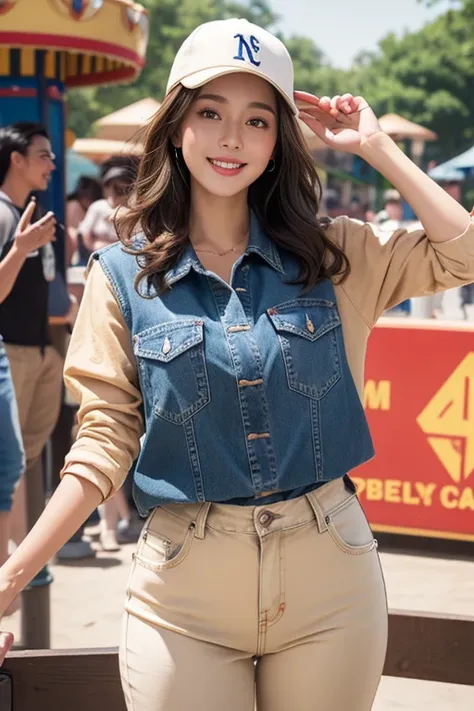 highest quality、4K、Perfect Face、Perfect Style、perfect body、Sunburn、beautiful lady、mature、long curly layer brown hair、Swept-back hair、full body, sexy 、charming、healthy、beige  baseball cap with a curved、giddy-smile、jeans、blue shirt、at amusement park、