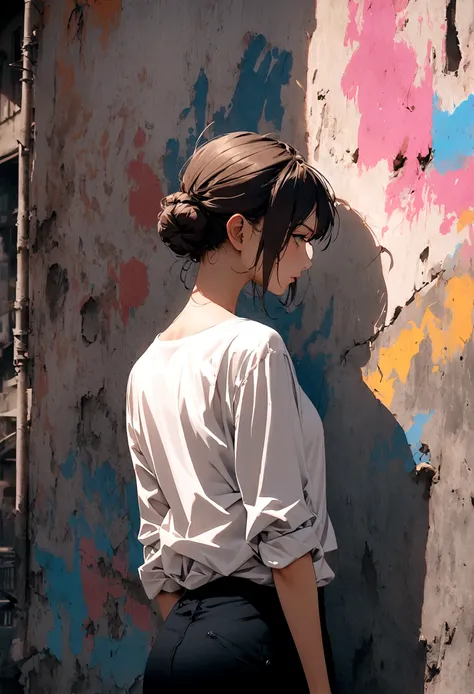  22 year old girl, (Back View),torn, ripped, White shirt, street,Elegant chignon,apocalyptic wasteland, Leaning against a graffiti-covered wall, looking cool and urban in a street style pose.