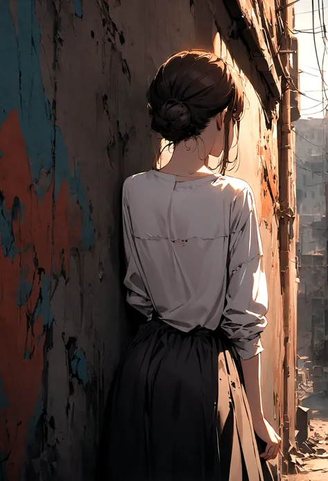  22 year old girl, (Back View),torn, ripped, White shirt, street,Elegant chignon,apocalyptic wasteland, Leaning against a graffiti-covered wall, looking cool and urban in a street style pose.