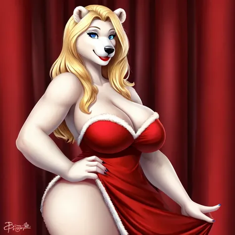 Blonde polar bear woman, wearing a backless Santa dress, perfect face, blue eyes, big breasts, cleavage, red lipstick, solo, smile, perfect detailed body,