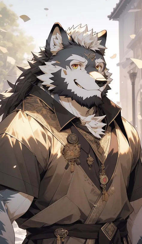 hairy，（Wolf，Q version style：1.3）beard，Golden pupils，White fur，Express，Q version male，Smile，Half-length photo，Real background，极其lifelike阴影，masterpiece，Very detailed，lifelike。