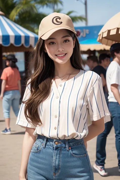 highest quality、4K、Perfect Face、Perfect Style、perfect body、Sunburn、beautiful lady、mature、long curly layer brown hair、Swept-back hair、full body, sexy 、charming、healthy、beige  baseball cap with a curved、giddy-smile、jeans、stripe shirt、at amusement park、