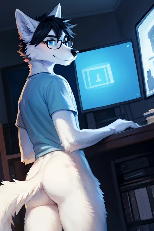 Atlas (Quartto)
A white Anthropomorphic male wolf with black hair, black nose and blue eyes and black glasses standing in front of multiple computers and screens looking at them while in a thinking pose
Looking like a nerd
With black glasses 
Standing in f...