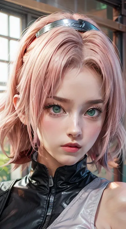 young woman, short shoulder-length pink hair, wide forehead, porcelain skin, pink eyebrows, big emerald green eyes, buttoned nose, full lips, heart-shaped face, slender body, small breasts, red tank top, Sakura Haruno , realistic, realism, details, 3d, wel...