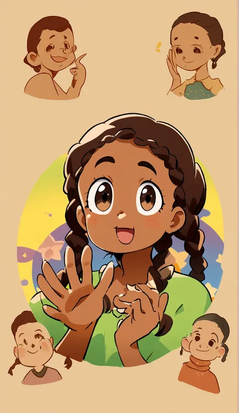 drawing of a girl with braids waving her hand, african american girl, in cartoon style, colored illustration, charicature, official illustration, cartoon portrait, cartoon character, a portrait of the character, cartoon style illustration, character portra...