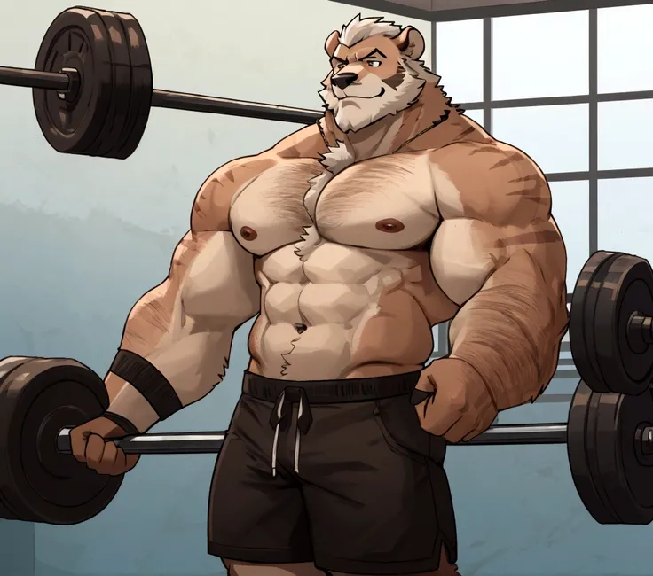 solo, 1boy, Huge Muscular Old Grizzly Bear wearing glasses , pectoral, huge pectoral, wide pectoral, short white hair, short pants black wristbands and shirtless topless, bearded, Mustache, gym background, masterpiece, high detailed, 8k, high resolution, a...