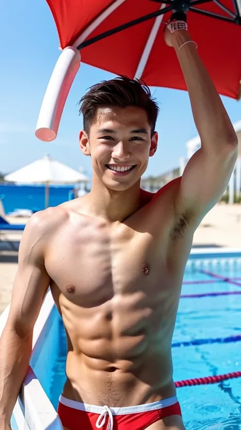 male Age 20 swimwear lifeguard topless smile