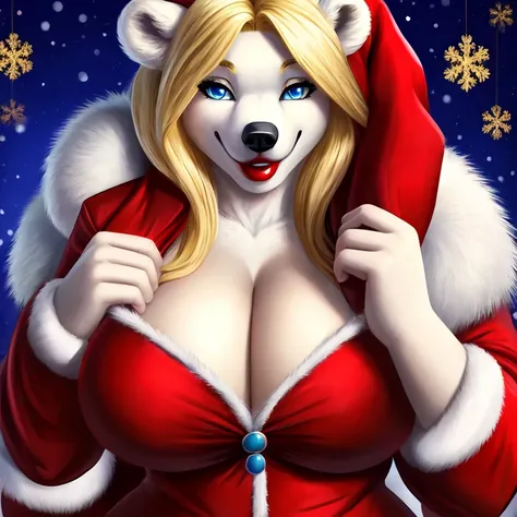 Blonde polar bear woman, wearing an open Santa jacket, perfect face, blue eyes, big breasts, cleavage, red lipstick, solo, smile, perfect detailed body,