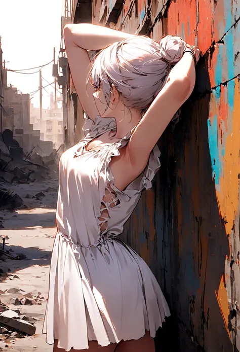 22 year old girl, (Back View),(Put your hands behind your head),torn, ripped, White Dress, street,Elegant chignon,apocalyptic wasteland, Leaning against a graffiti-covered wall, looking cool and urban in a street style pose.