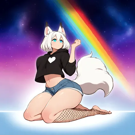 a cute adult male with wolf ears, white hair, has a wolf tail, wearing a loose cropped oversized black hoodie, wearing a pair of denim short shorts and fishnet stockings, thick thighs, wide hips, relaxing on mound of fluffy multi colored kawaii plushies, s...