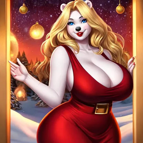 Blonde polar bear woman, wearing a backless Santa dress, perfect face, blue eyes, big breasts, cleavage, big butt, red lipstick, solo, smile, perfect detailed body,