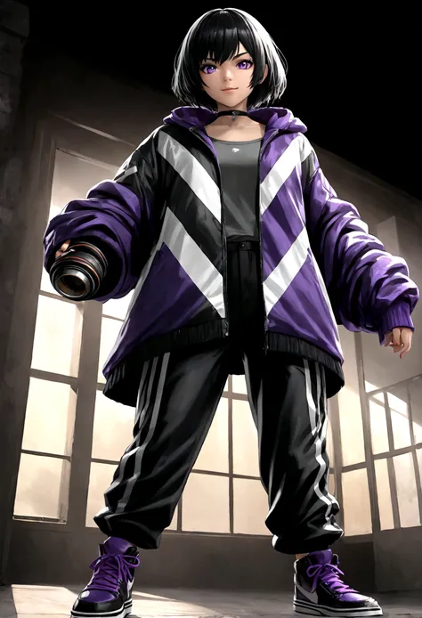 A tomboy girl with short black hair, purple pupil eyes, wearing a plain choker, short black pants, long thick stockings, and black sneakers with purple laces, smiling in an intimidating manner, anime style, Tekken art style, best quality, 4k, 8k, highres, ...