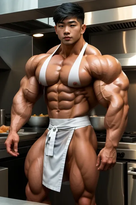 1 sexy Asian boy with semi-short hair and a lot of body hair, he is super strong with a lot of muscle., completamente desnudo, She wears a small, very transparent maid outfit that is very revealing and sexy., juega al chef en lacocina, revelador, desnudo, ...