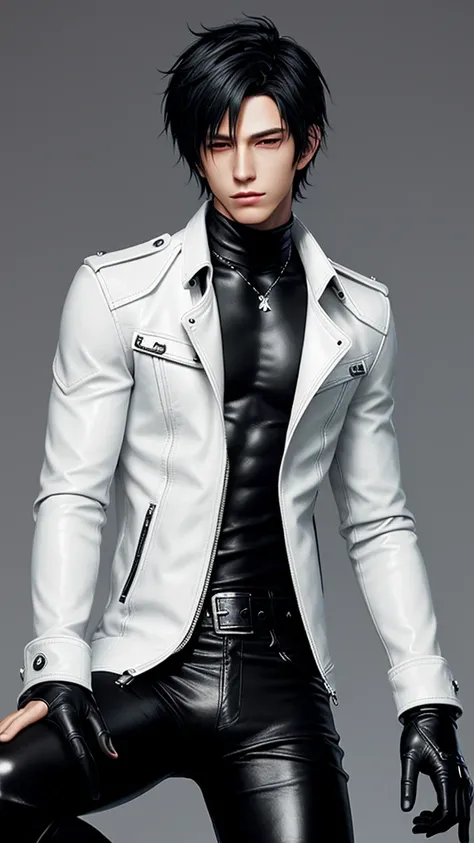 Final fantasy taste and reality graphics, Japanese young cute and cool ikemen  boy, his age is early 20s, thin eyebrows and beady eyes,  he wearing off white color leather thick singlebrest biker jacket, with epaulet,  jacket zipped up, jacket is biker sty...