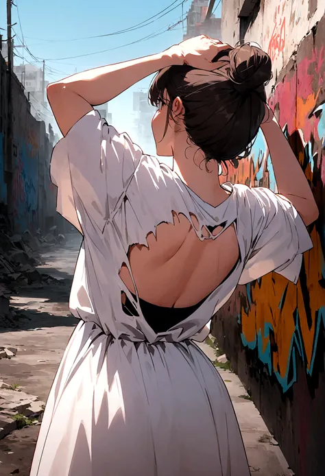 22 year old girl, (Back View),(Put your hands behind your head),torn, ripped, White Dress, street,Elegant chignon,apocalyptic wasteland, graffiti-covered wall, looking cool and urban in a street style pose.