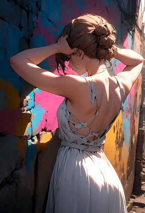 22 year old girl, (Back View),(Put your hands behind your head),torn, ripped, White Dress, street,Elegant chignon,apocalyptic wasteland, graffiti-covered wall, looking cool and urban in a street style pose.