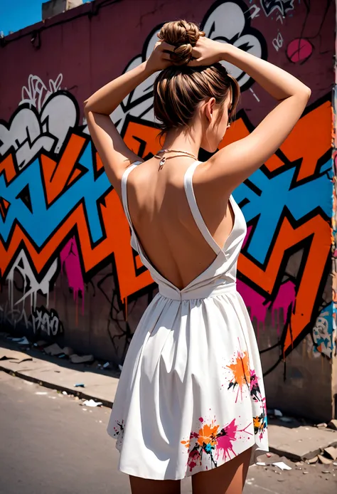 22 year old girl, (Back View),(Put your hands behind your head),torn, ripped, White Dress, street,Elegant chignon,apocalyptic wasteland, graffiti-covered wall, looking cool and urban in a street style pose.