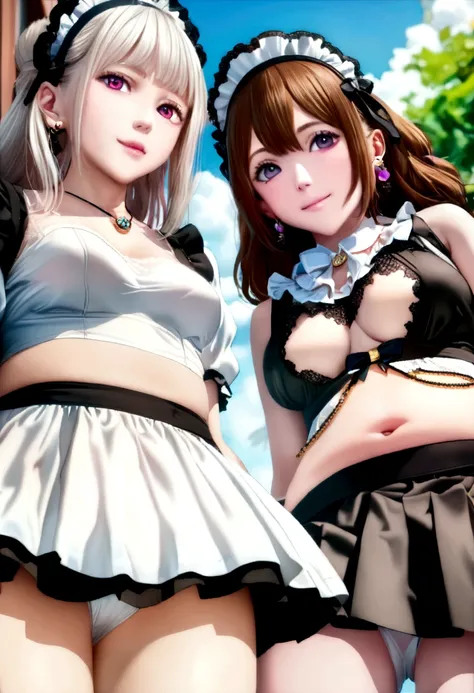 (2 young girls with long hair, Beautiful face and eyes and eyeliner,A delicate little face, pink eyes, Charming smile, (Maid cafe outfit with frilly, Sheer pleated mini skirt:1.5), (Transparent maid cafe costume with large open breasts and hollow:1.2), Sex...