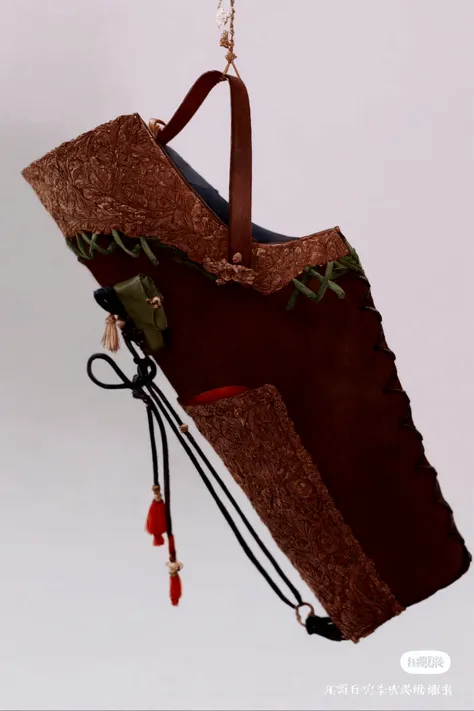 there is a purse hanging from a hook on a wall, wide belt scabbard, katana scabbard, side view intricate details, bottom - view, detailed picture, long shot view, intricate lining, Wang Chen, drawing an arrow from his quiver, sheath, intricate leather susp...