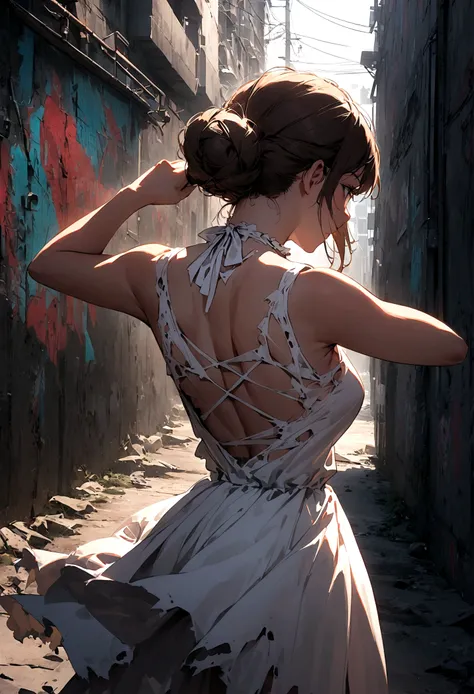 22 year old girl, (Back View),torn, ripped, White Dress, street,Elegant chignon,apocalyptic wasteland, graffiti-covered wall, looking cool and urban in a street style pose.