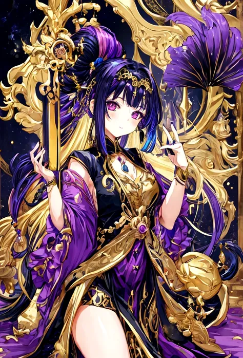 fantasy world girl with colorful hair, accessories golden, detailed clothes, black and purple clothes 