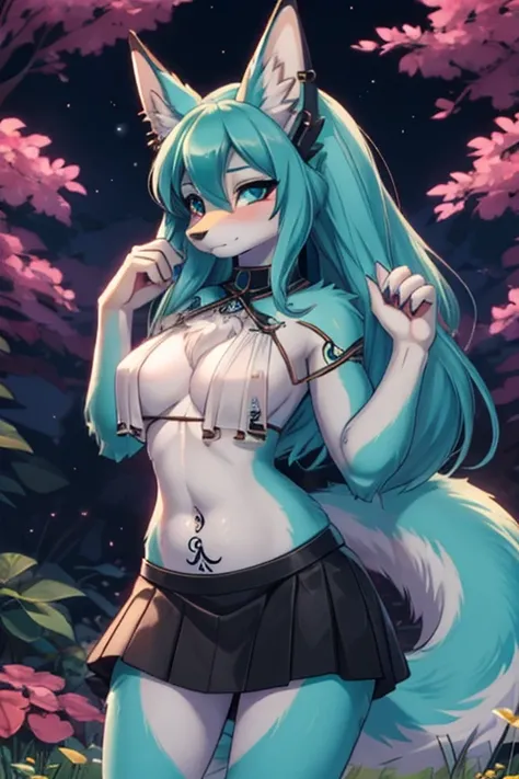 Chica anime, anime style, cute hatsune miku x suicune, shy girl , Orejas de Kitsune, arte de dark natasha, garden landscape, arte de vixen aztra, cuerpo completo, patas hermosas, cintura delgada, caderas amplias, piernas torneadas, hermosa, foto de cuerpo ...