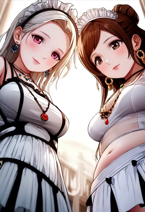 (2 young girls with long hair, Beautiful face and eyes and eyeliner,A delicate little face, pink eyes, Charming smile, (Maid cafe outfit with frilly, Sheer pleated mini skirt:1.5), (Transparent maid cafe costume with large open breasts and hollow:1.2), Sex...