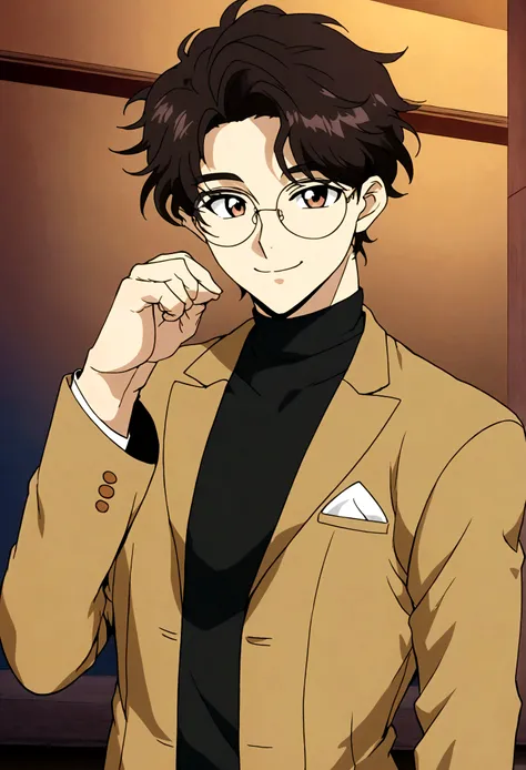 draw this in anime artstyle. draw a handsome 18 years old guy,he wears maroon turtle neck and cover with black vest and then covered again with brown suit. he wears round glasses,looking hot,his hand is towards the camera like asking to hold his hand. he s...