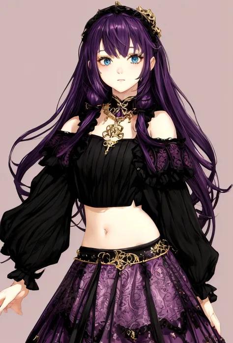 fantasy world girl with colorful hair, accessories, detailed clothes, cropped top, skirt, black and purple clothes 