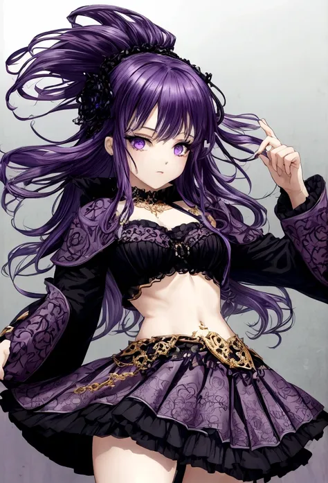 fantasy world girl with colorful hair, accessories, detailed clothes, cropped top, skirt, black and purple clothes 