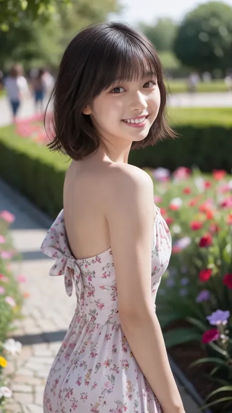 masterpiece, highest quality, disorganized, perfect anatomy, 1 girl, alone, pascal tales, short hair, beautiful, Hilarious, sunny day, botanical garden, Summer winds, sundress, Floral, wavy hair, smile