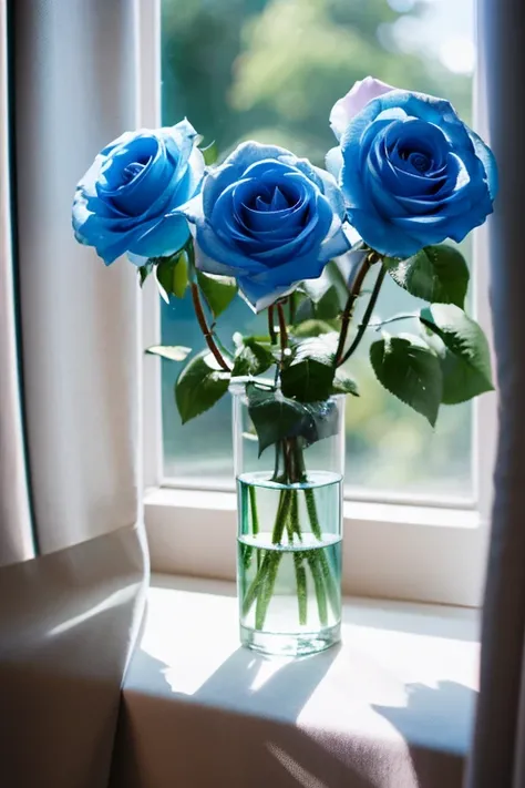 3 large blue roses,By the window,curtain,Clear skies,Nature PhotographyHD 8k. Shot with canon eos r6.