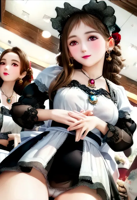 (2 young girls with long hair, Beautiful face and eyes and eyeliner,A delicate little face, pink eyes, Charming smile, (Maid cafe outfit with frilly, Sheer pleated mini skirt:1.5), (Transparent maid cafe costume with large open breasts and hollow:1.2), Sex...