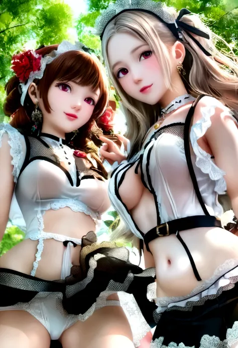 (2 young girls with long hair, Beautiful face and eyes and eyeliner,A delicate little face, pink eyes, Charming smile, (Maid cafe outfit with frilly, Sheer pleated mini skirt:1.5), (Transparent maid cafe costume with large open breasts and hollow:1.2), Sex...