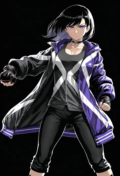 Tomboy girls, Sexy, Smart, Strong, muscular body Short black hair, purple pupil eyes, black plain chokers, wear jacket, black tank top, short black jeans, thick long black stocking, black sneakers with purple ties, Tekken Art Style, Anime art style.