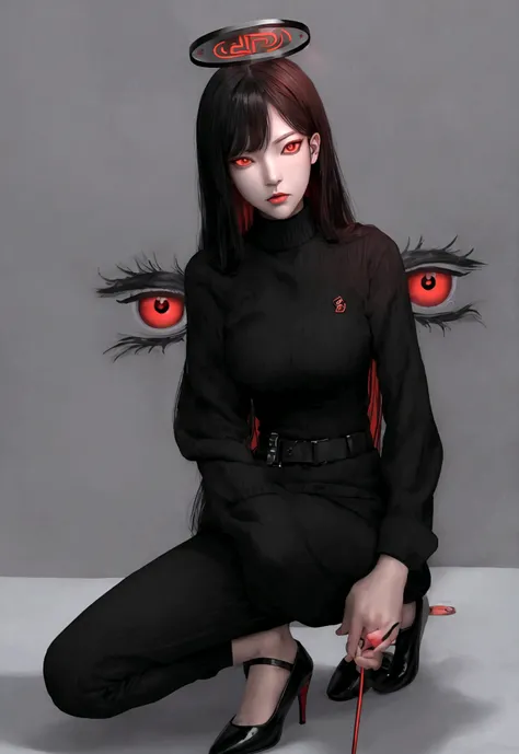 (masterpiece), best quality, expressive eyes, perfect face, solo, breasts, seductive, North Korean, henchwoman, technical expert, South Korean security agent, terrorist, insignia, formal suit, heels, black eyes, smoked eyes, spy, slim waist, cyber terroris...