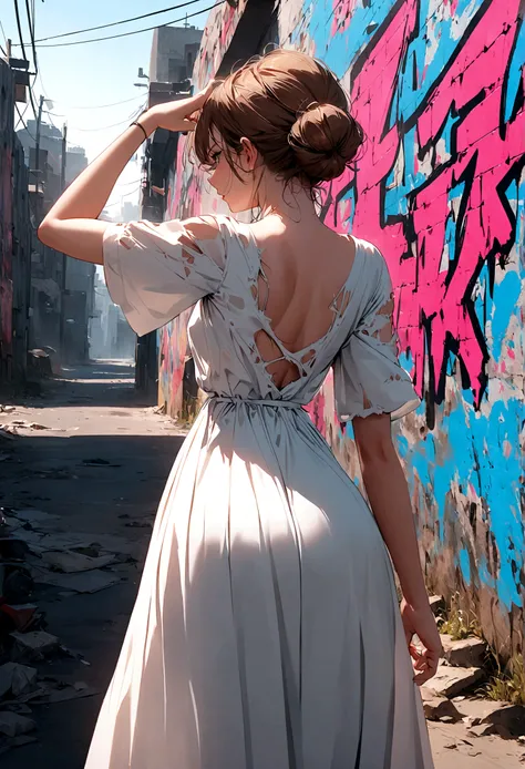 22 year old girl, (Back View),torn, ripped, White Dress, street,Elegant chignon,apocalyptic wasteland, graffiti-covered wall, looking cool and urban in a street style pose.