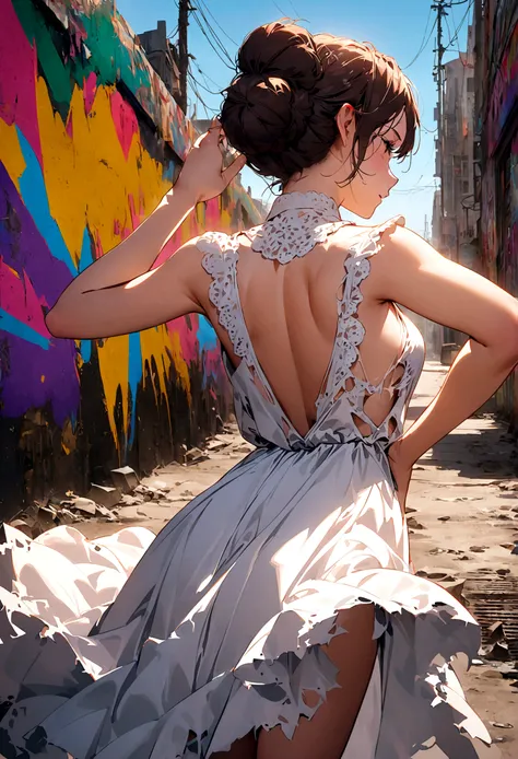 22 year old girl, (Back View),torn, ripped, White Dress, street,Elegant chignon,apocalyptic wasteland, graffiti-covered wall, looking cool and urban in a street style pose.