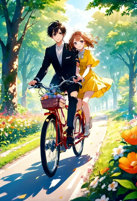 Thin contours、Anime Style、Cool and edgy、 Young couple cycling along a sunlit country road、Blooming Flowers々and surrounded by lush greenery、A happy face shining。bright、Bright colors、Movie angle、High detail、Nostalgic、Fashionable、Pause、colorful、With confidenc...