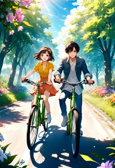 Thin contours、Anime Style、Cool and edgy、 Young couple cycling along a sunlit country road、Blooming Flowers々and surrounded by lush greenery、A happy face shining。bright、Bright colors、Movie angle、High detail、Nostalgic、Fashionable、Pause、colorful、With confidenc...